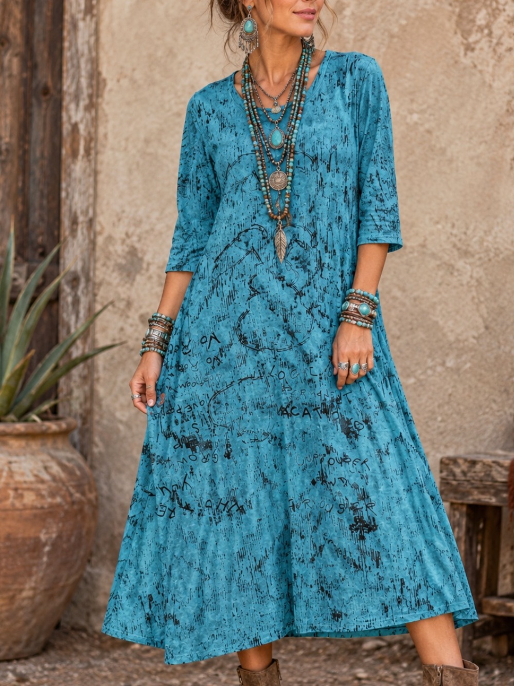 Boho Teal Blue Printed Midi Dress